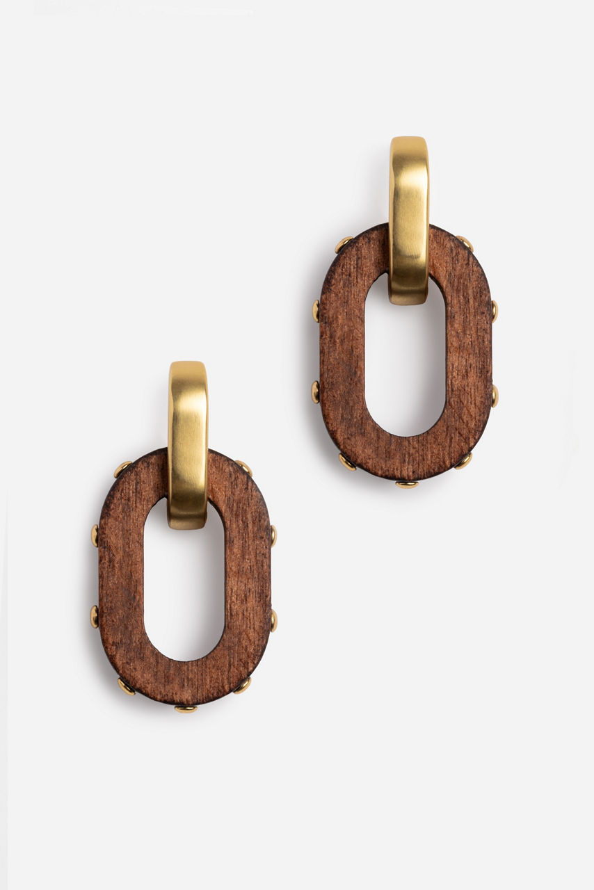 WOOD AND METAL STUD DROP EARRINGS, , large image 1