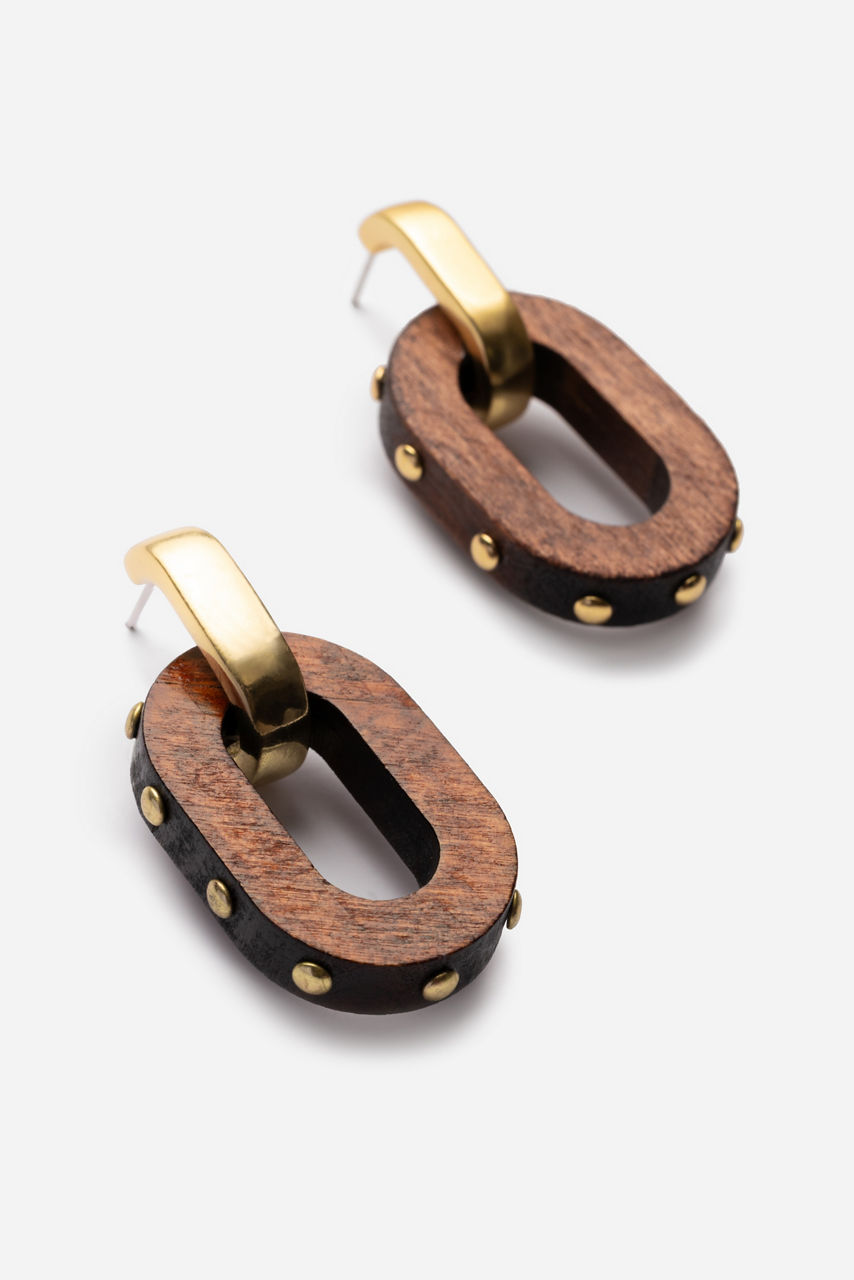 WOOD AND METAL STUD DROP EARRINGS, , large image 2
