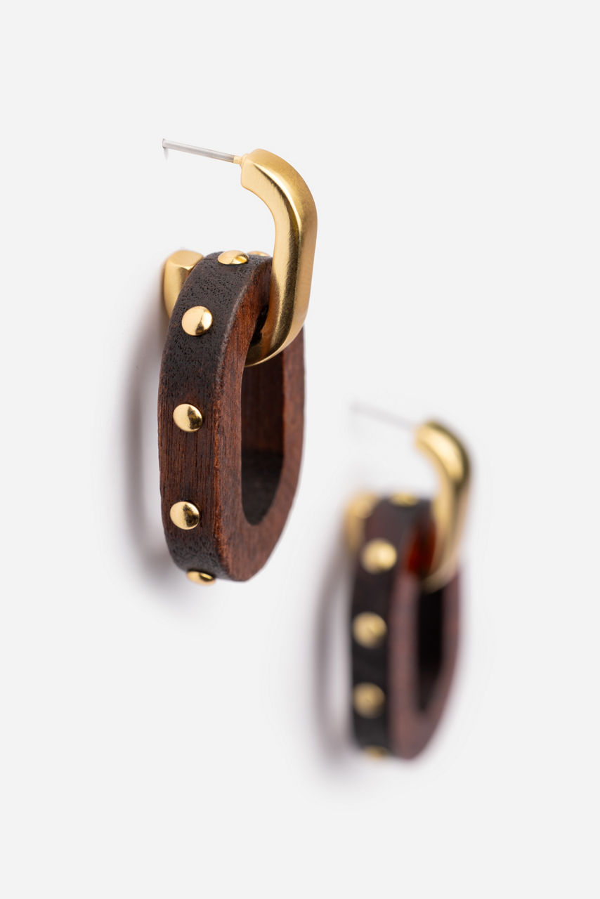 WOOD AND METAL STUD DROP EARRINGS, , large image 3