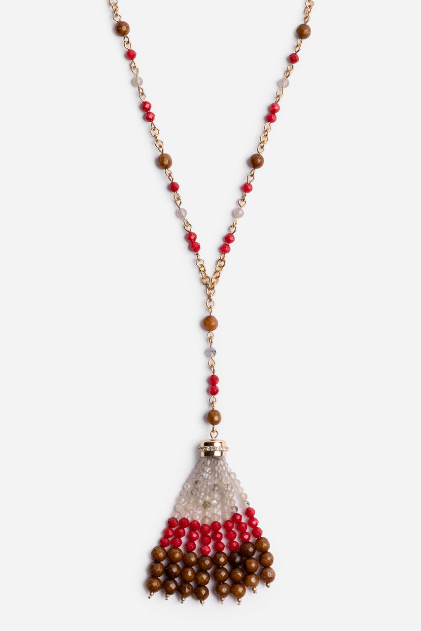SEMIPRECIOUS BEADED NECKLACE WITH TASSEL, , large image 1