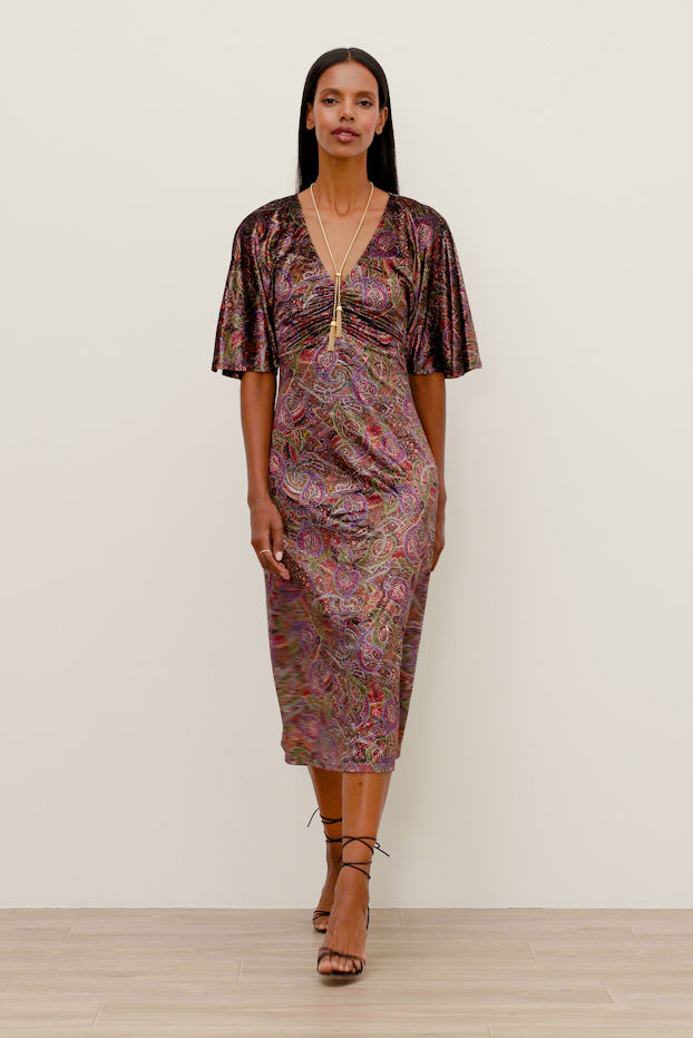 DARBIA RUCHED TEA LENGTH DRESS, , large video