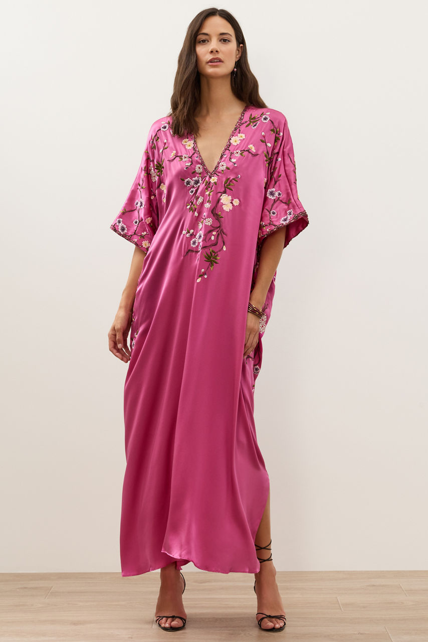 NATORI X JW CHERRY BLOSSOM EMBROIDERED SILK CAFTAN, , large image 1
