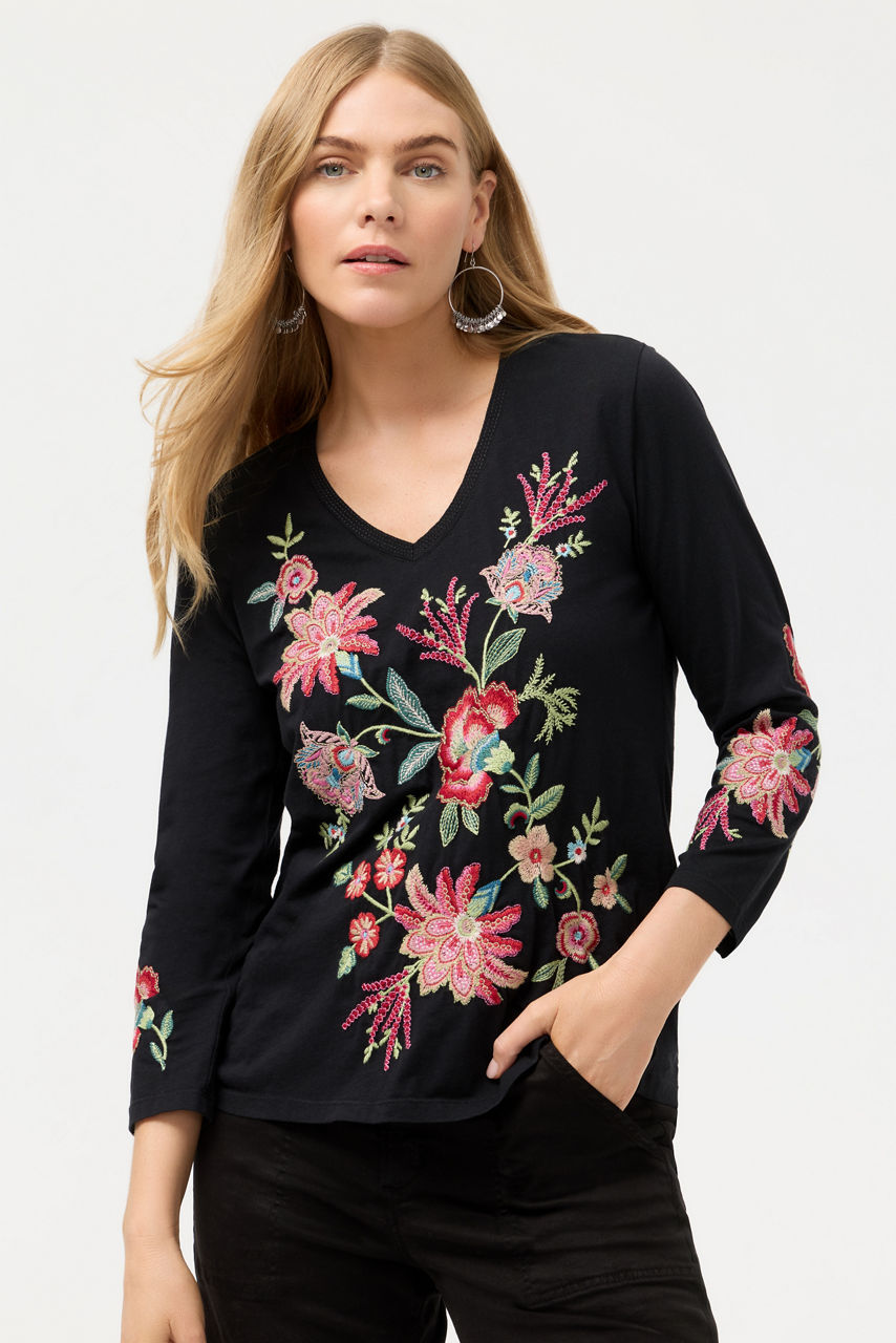 3/4 SLEEVE TRAPUNTO V-NECK TEE, , large image 1