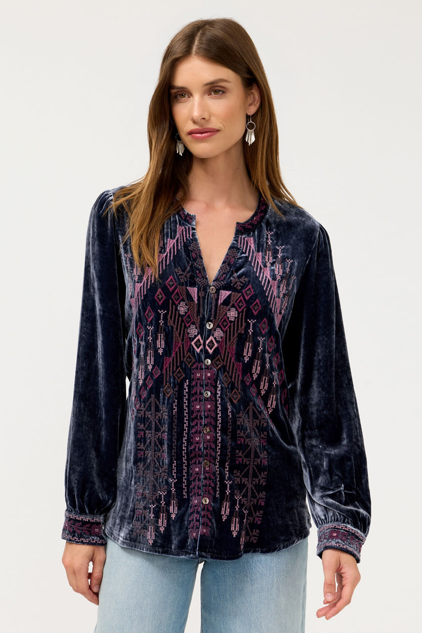 VELVET BUTTON FRONT BLOUSE, , large image 1