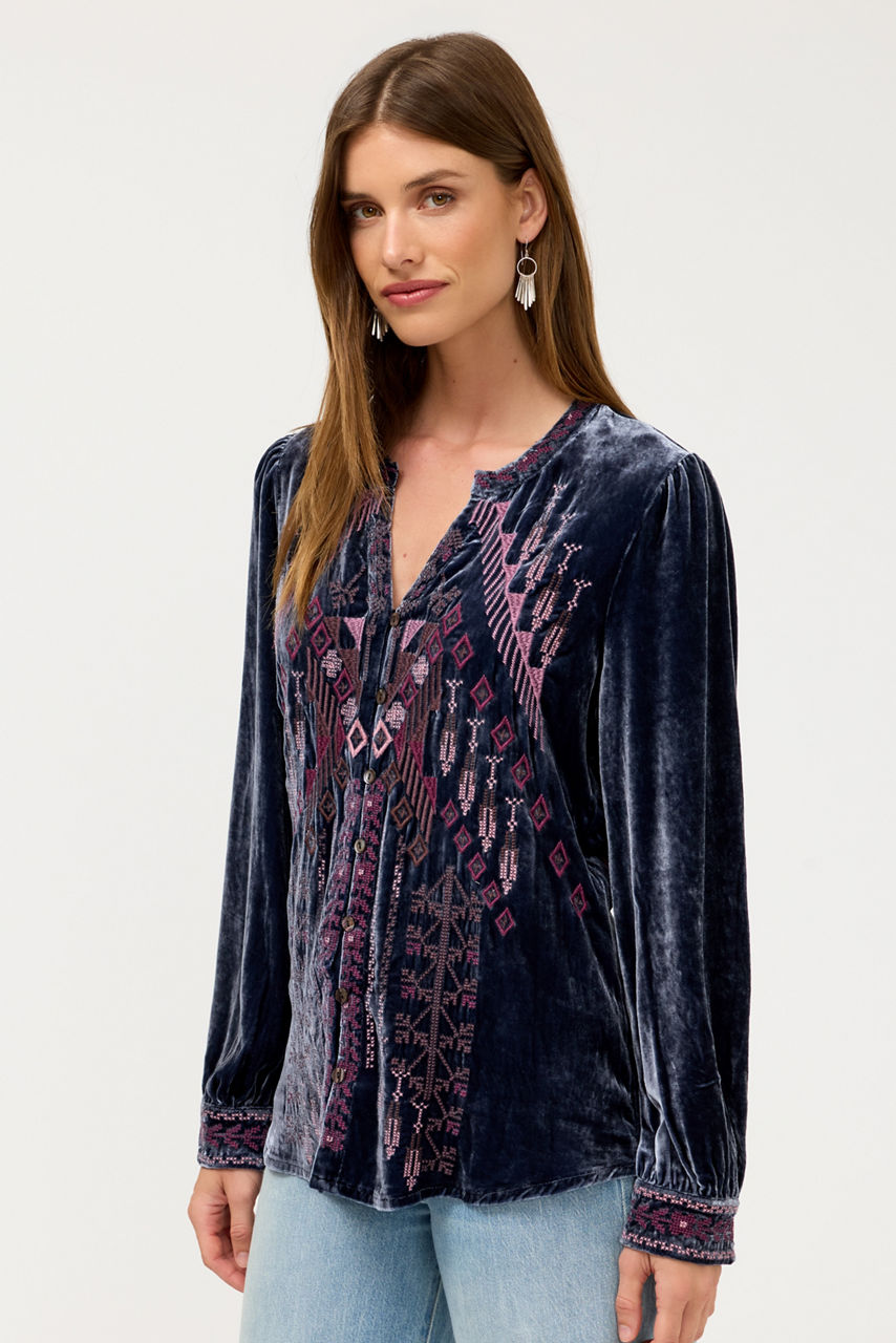 VELVET BUTTON FRONT BLOUSE, , large image 3