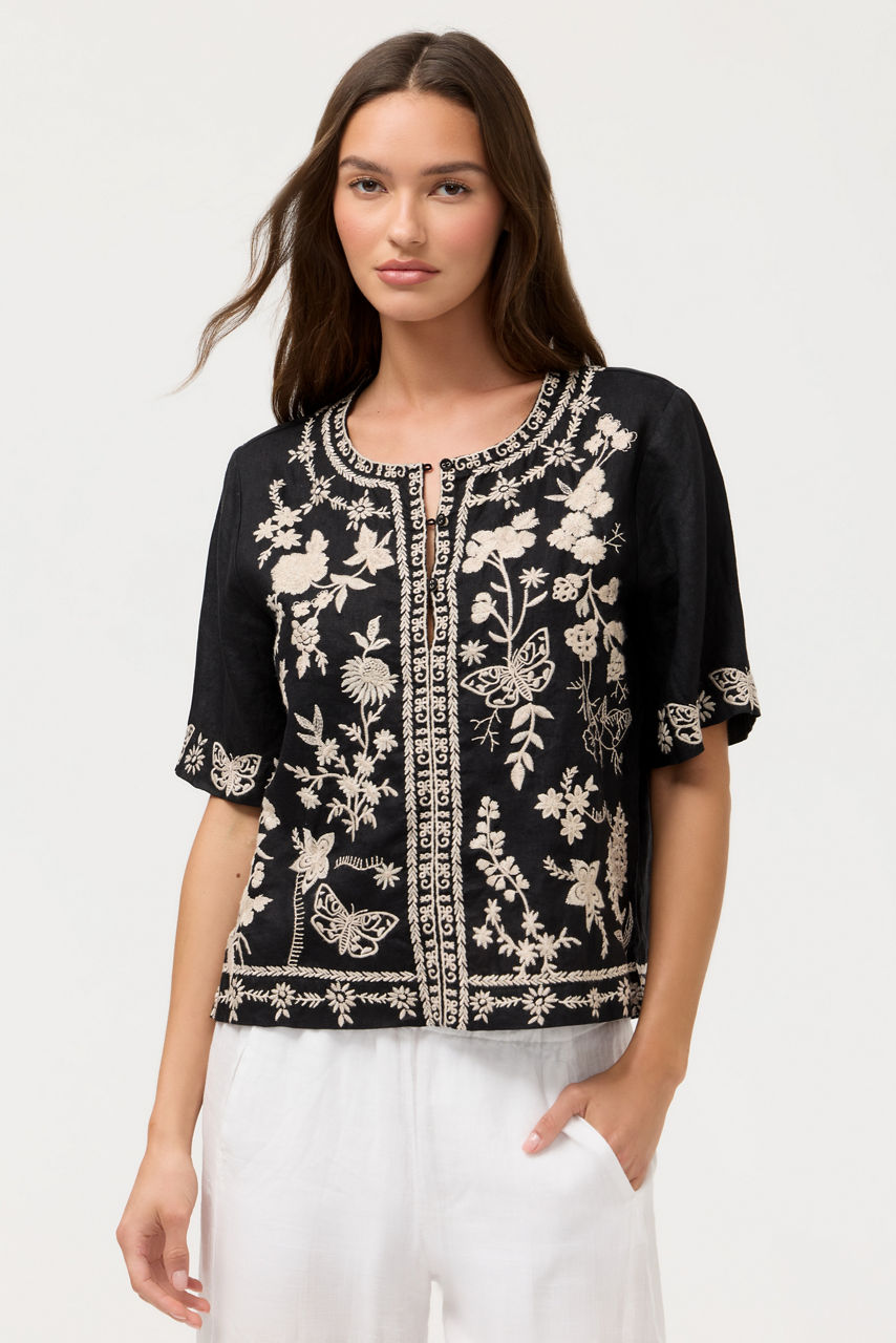 FIONA SPLIT NECK LINEN BLOUSE, , large image 1