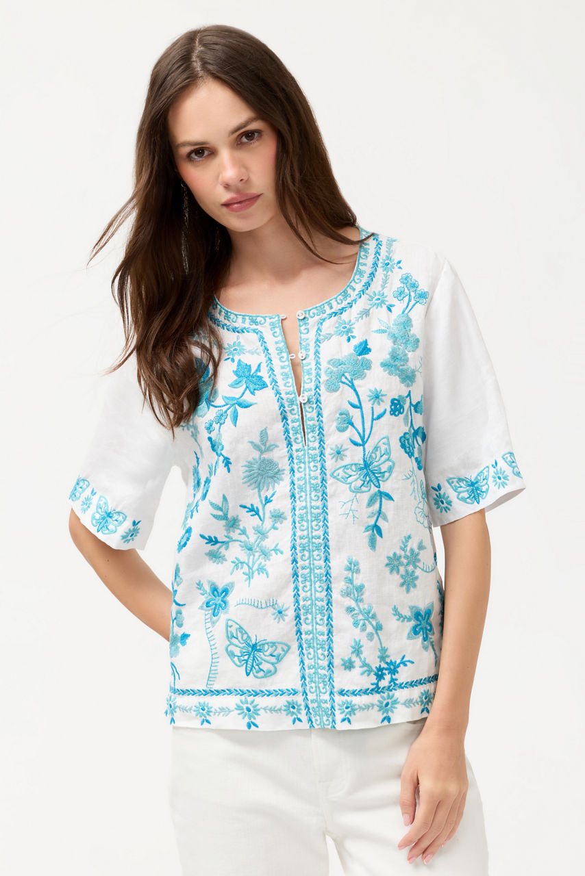 FIONA SPLIT NECK LINEN BLOUSE, , large image 1