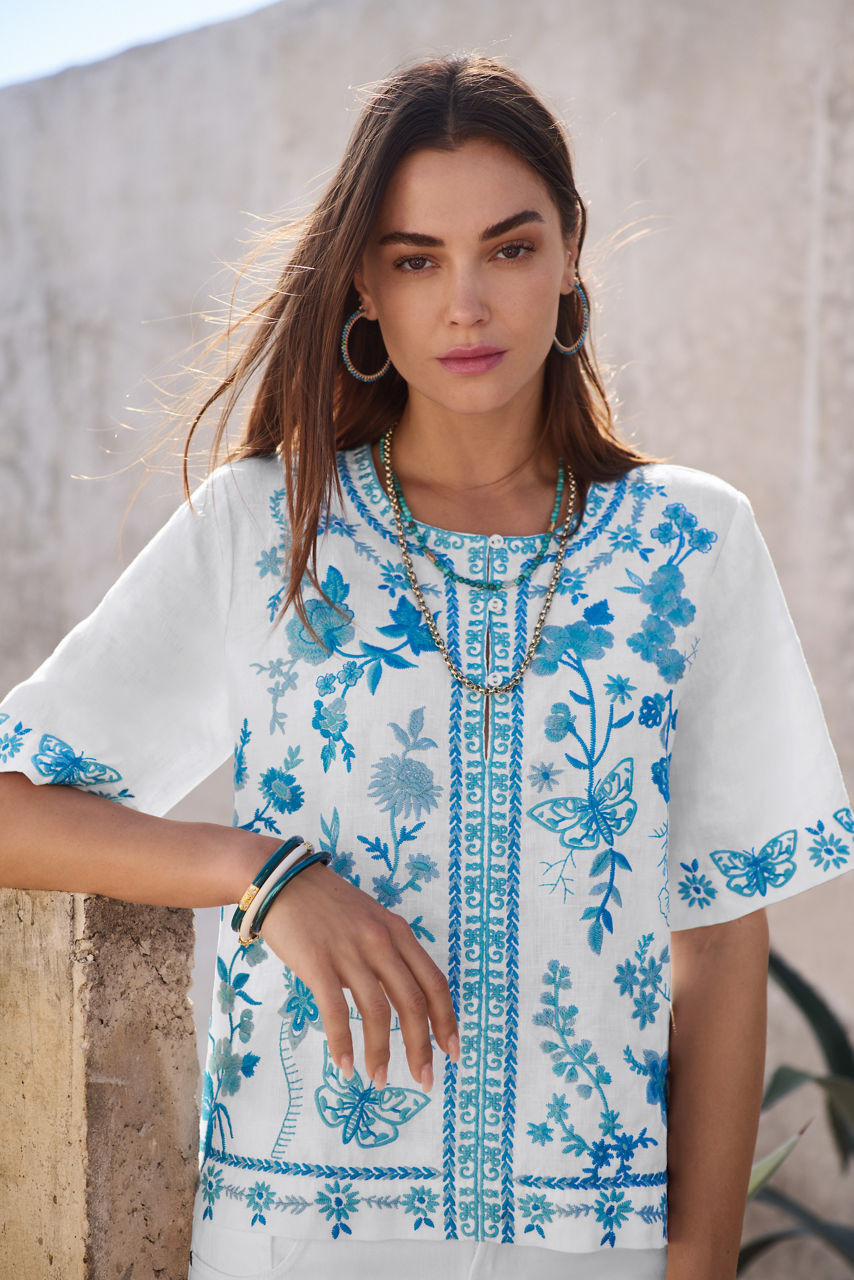 FIONA SPLIT NECK LINEN BLOUSE, , large image 5