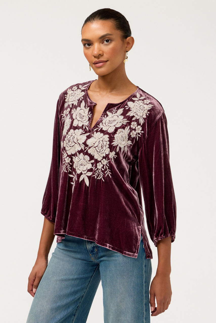 SPLIT NECK VELVET BLOUSE, , large image 1