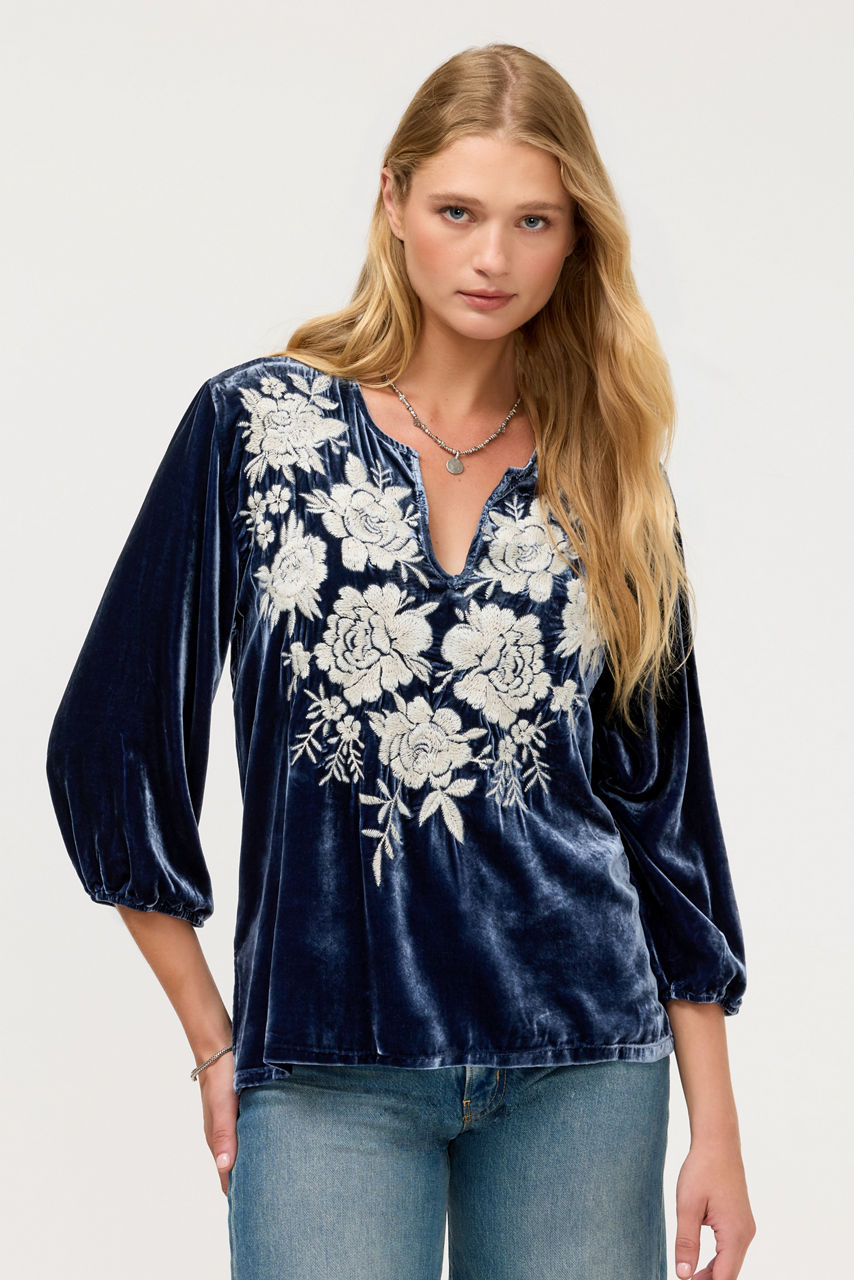 SPLIT NECK VELVET BLOUSE, , large image 1