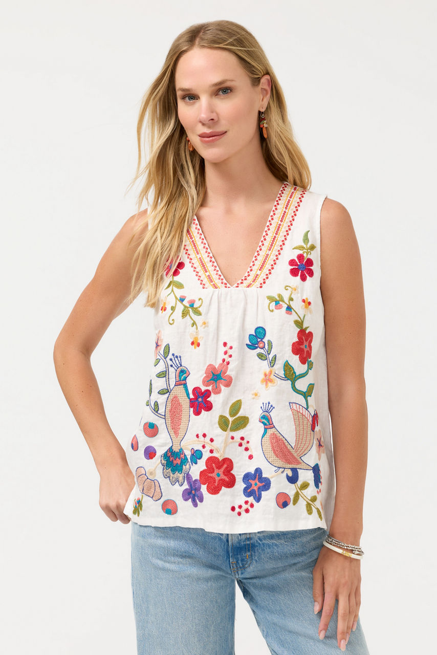 V-NECK SHIRRED LINEN TANK, , large image 1