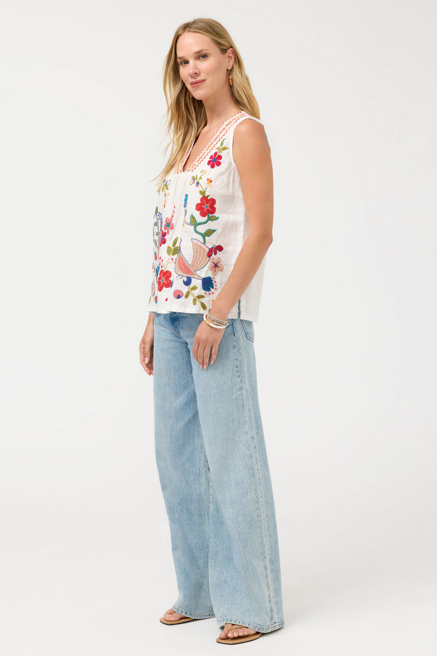 V-NECK SHIRRED LINEN TANK, , large image 2