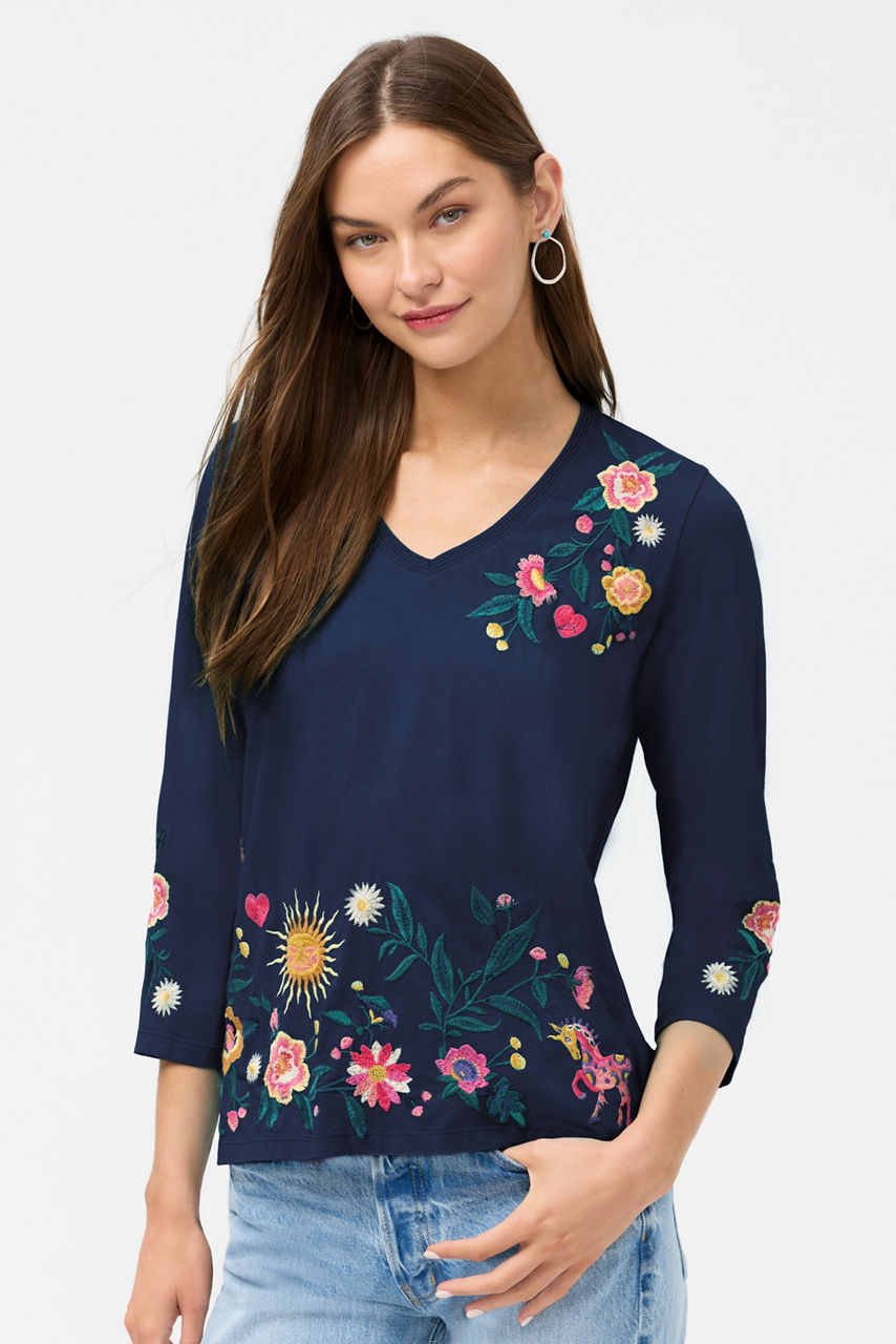 3/4 SLEEVE TRAPUNTO V-NECK TEE, , large image 1