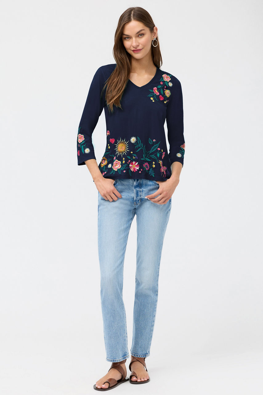 3/4 SLEEVE TRAPUNTO V-NECK TEE, , large image 2