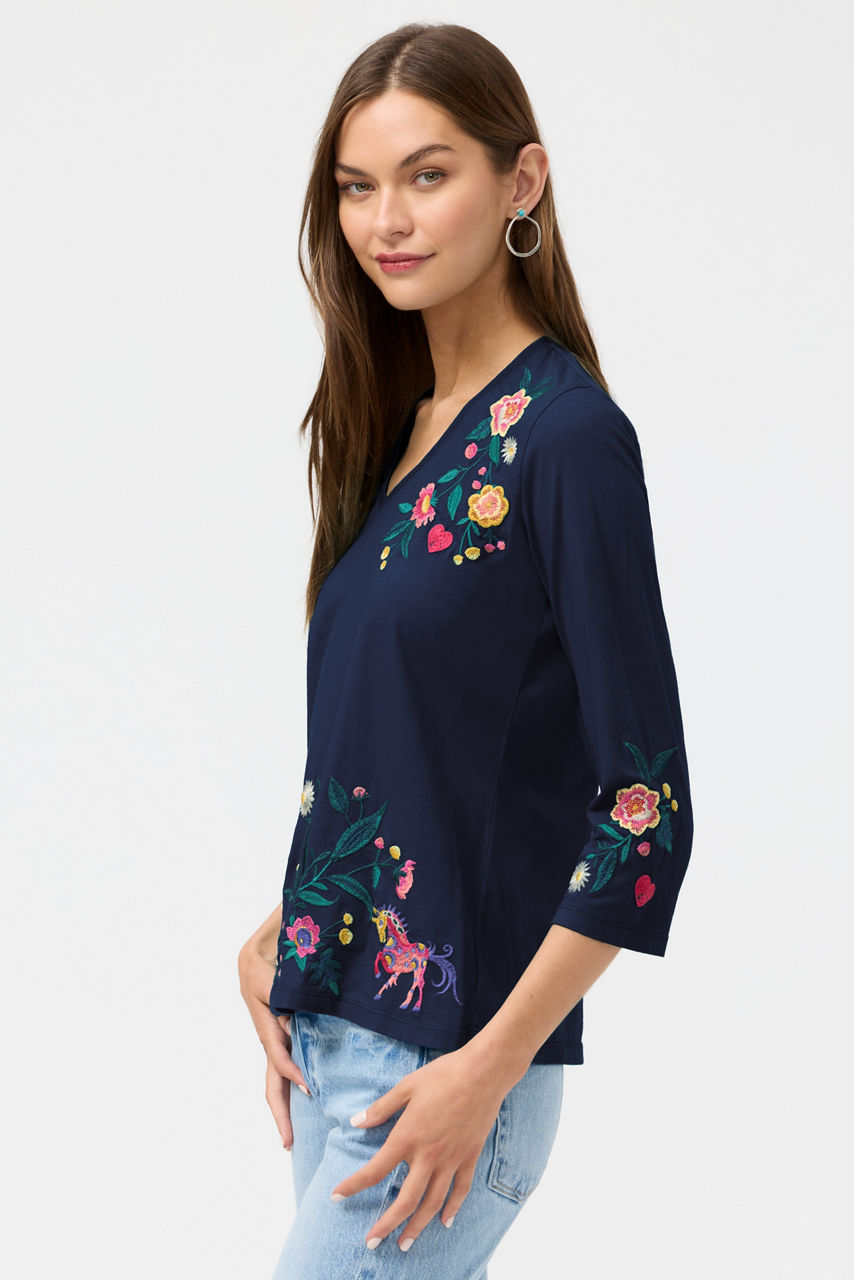 3/4 SLEEVE TRAPUNTO V-NECK TEE, , large image 3