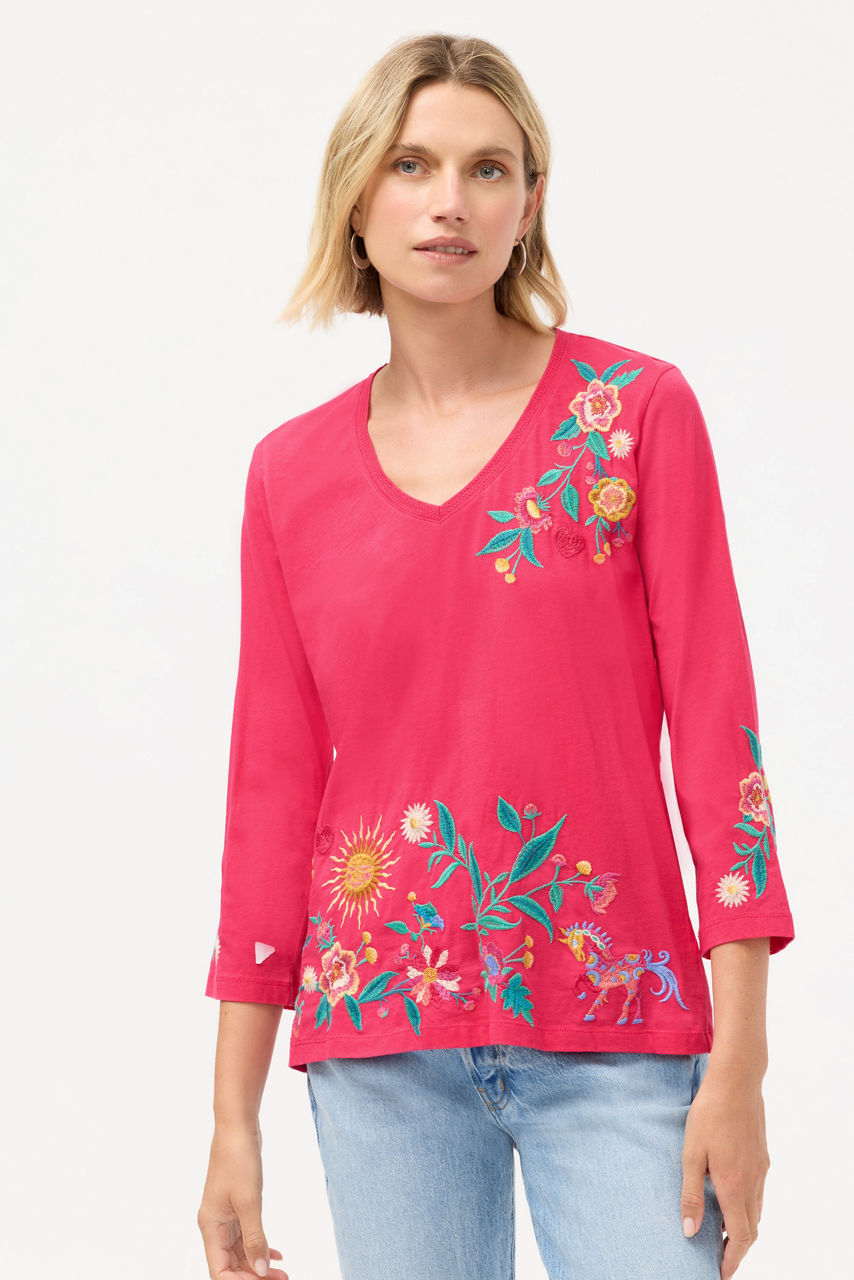 3/4 SLEEVE TRAPUNTO V-NECK TEE, , large image 1