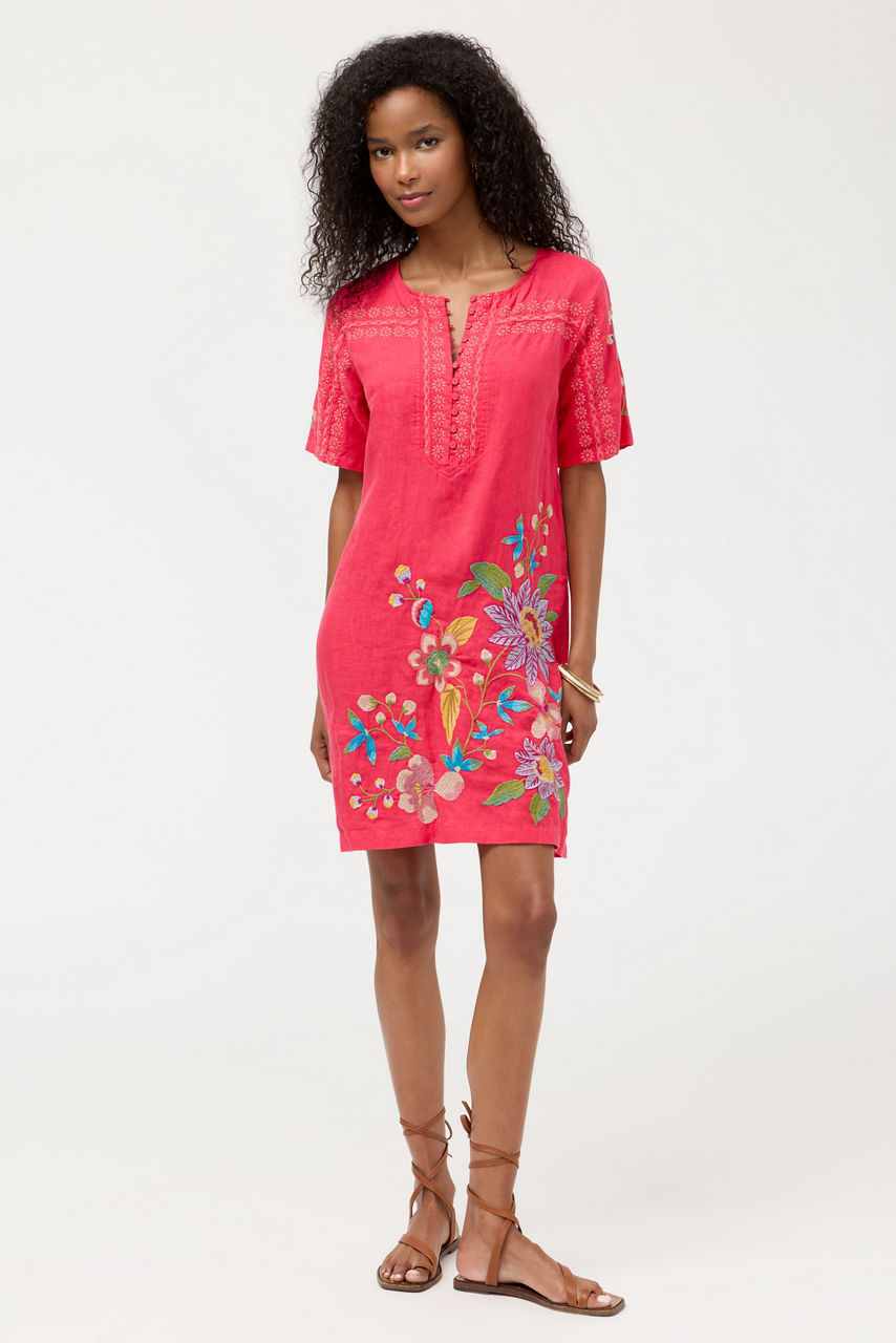 SEAMED BUTTON NECK LINEN DRESS, , large image 1