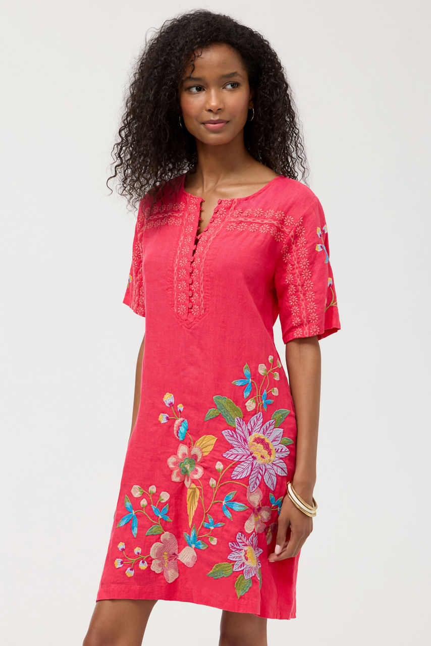 SEAMED BUTTON NECK LINEN DRESS, , large image 2