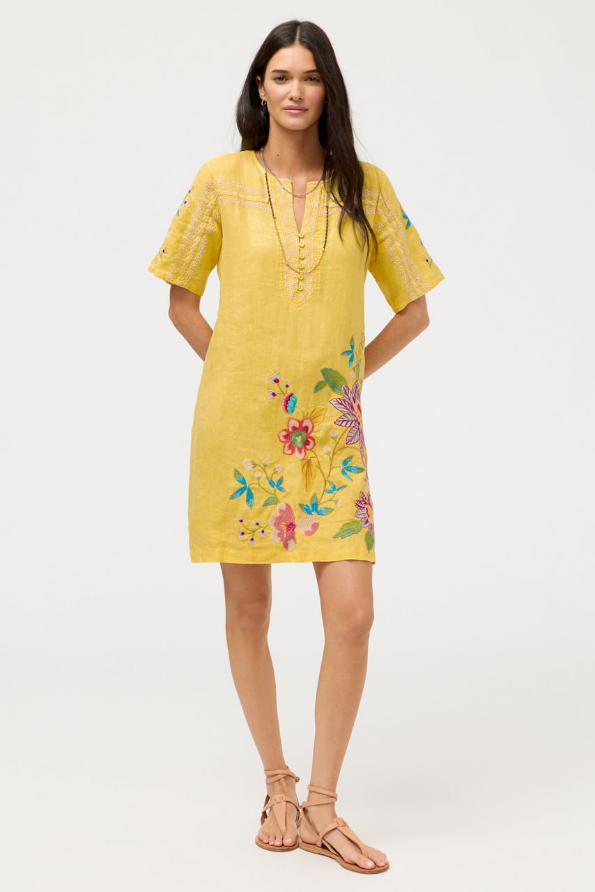 SEAMED BUTTON NECK LINEN DRESS, , large image 1