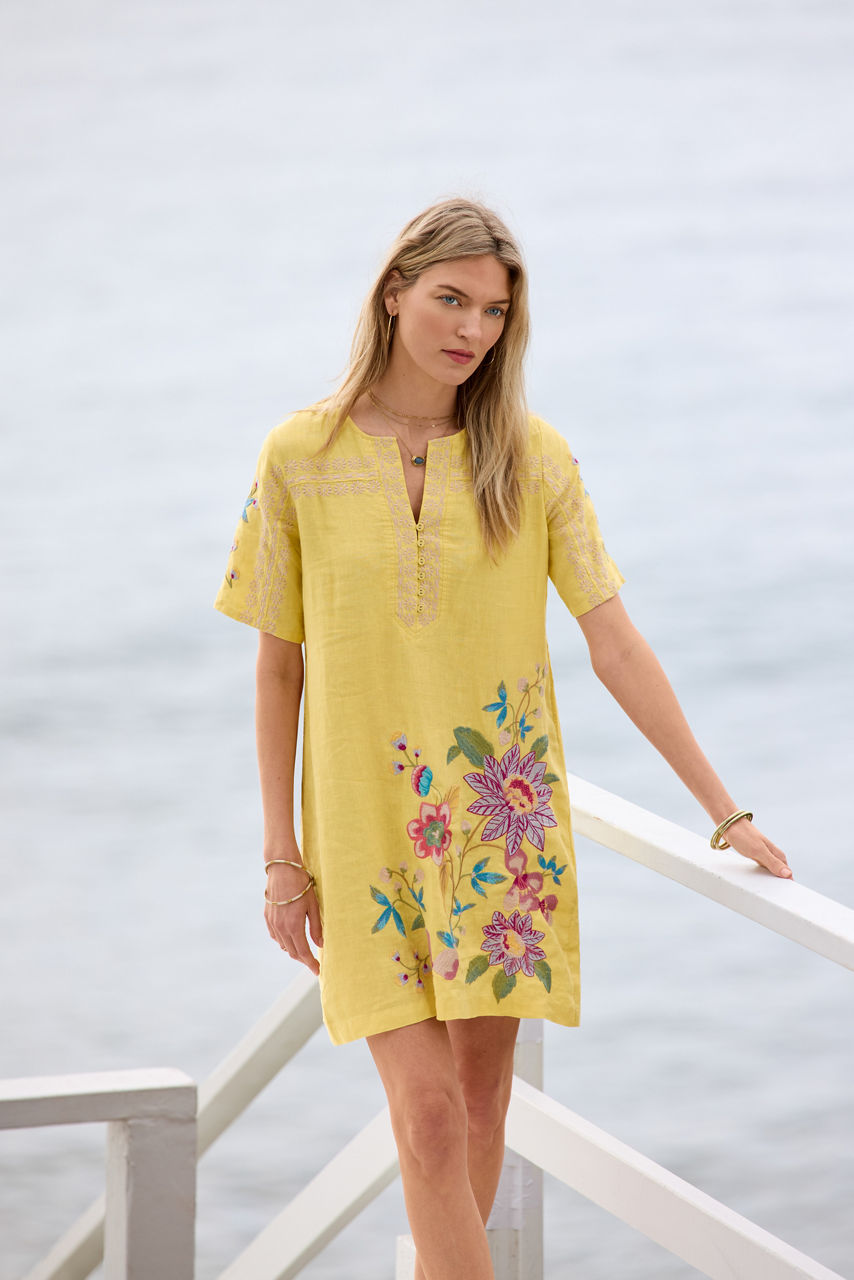 SEAMED BUTTON NECK LINEN DRESS, , large image 5