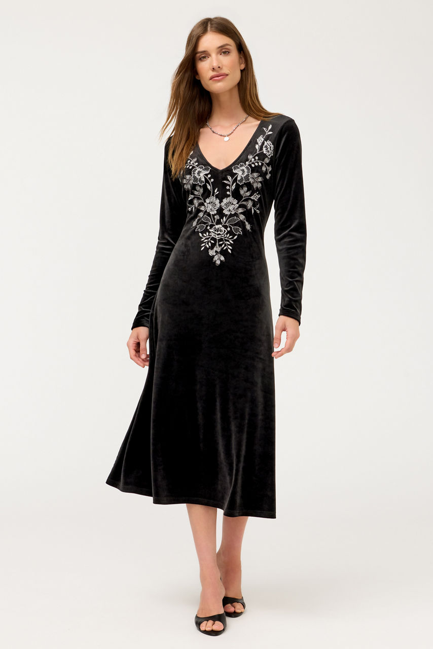 V-NECK VELOUR DRESS, , large image 1