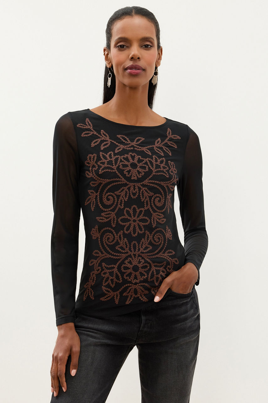 LONG SLEEVE BOAT NECK MESH TOP, , large image 1