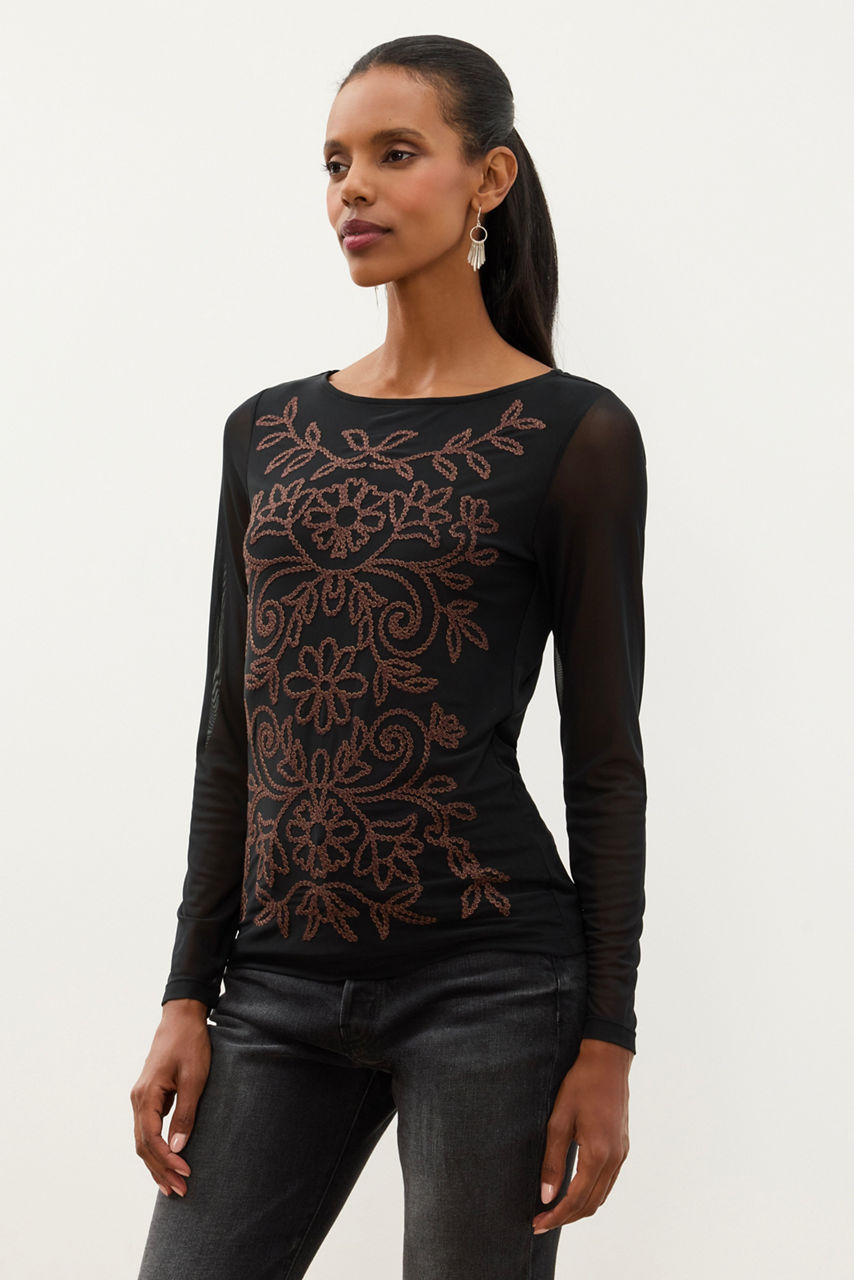 LONG SLEEVE BOAT NECK MESH TOP, , large image 3