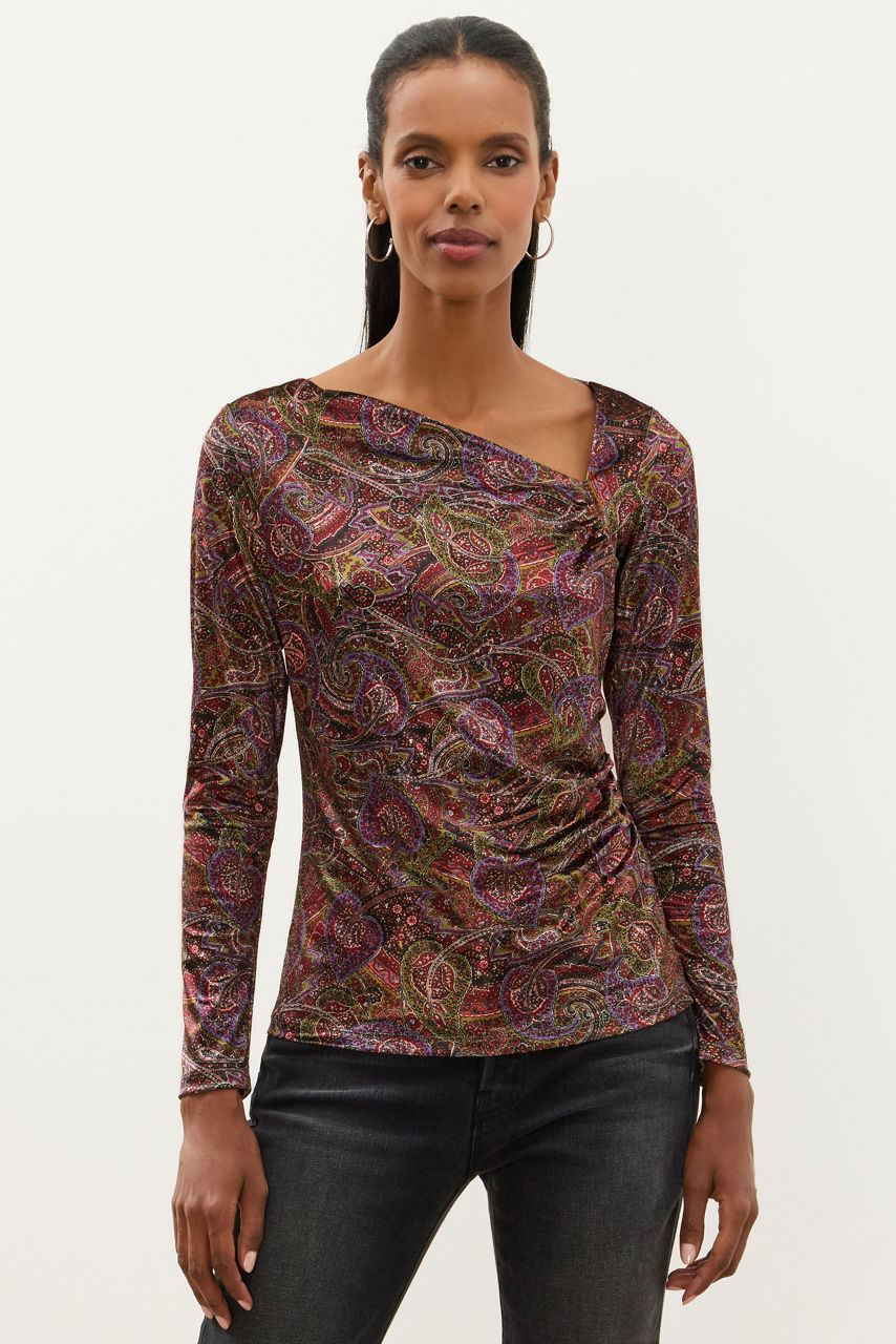 STRETCH VELVET ASYMMETRICAL RUCHED TOP, , large image 2