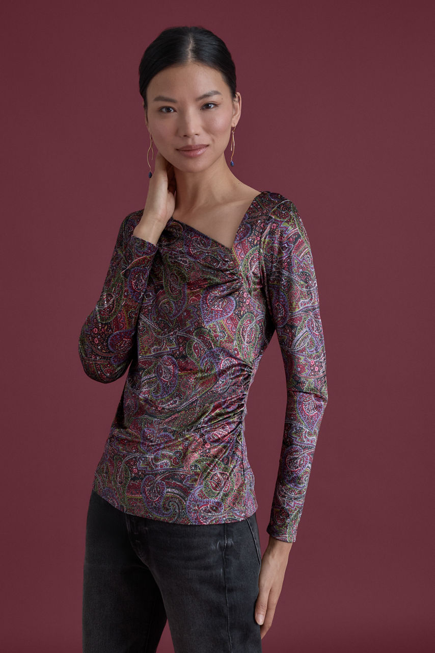 STRETCH VELVET ASYMMETRICAL RUCHED TOP, , large image 6