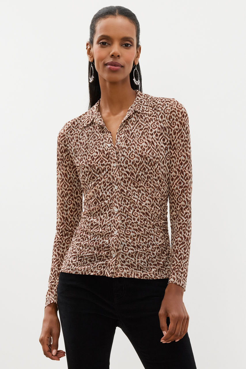 BUTTON FRONT RUCHED MESH SHIRT, , large image 2
