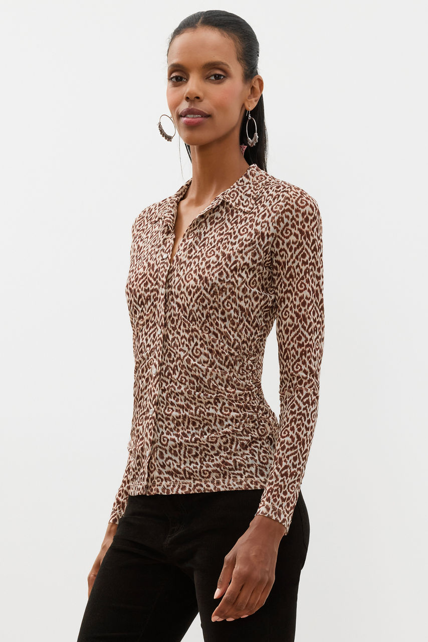 BUTTON FRONT RUCHED MESH SHIRT, , large image 3