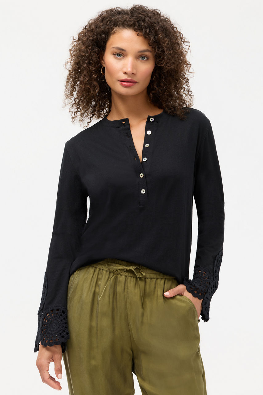 CROCHET TRIM HENLEY TEE, , large image 1