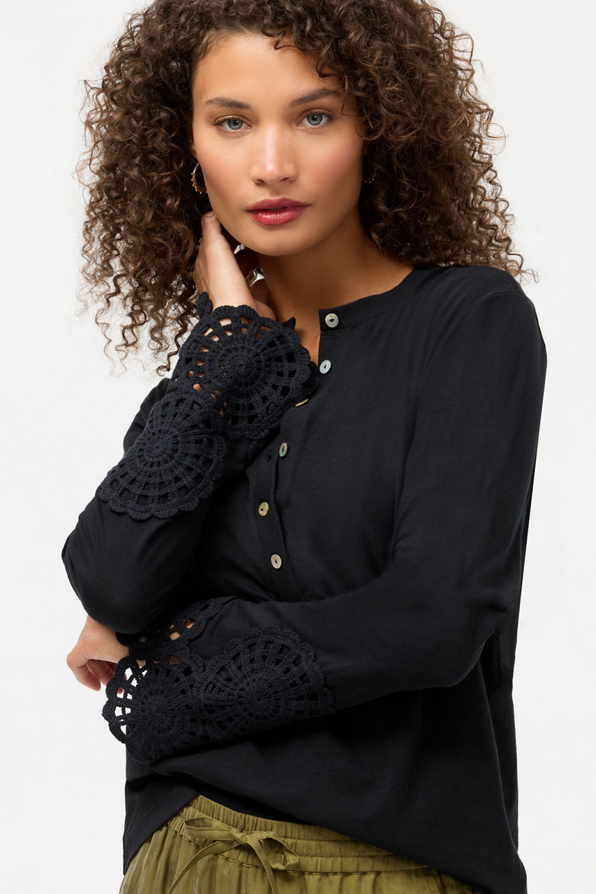 CROCHET TRIM HENLEY TEE, , large image 4