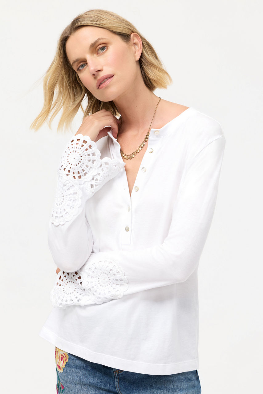 CROCHET TRIM HENLEY TEE, , large image 1