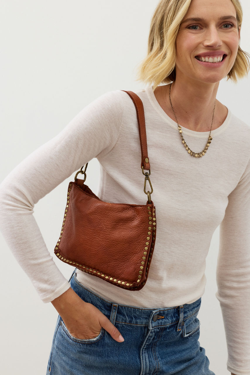 ITALIAN WASHED LEATHER STUDDED SHOULDER BAG, , large image 8