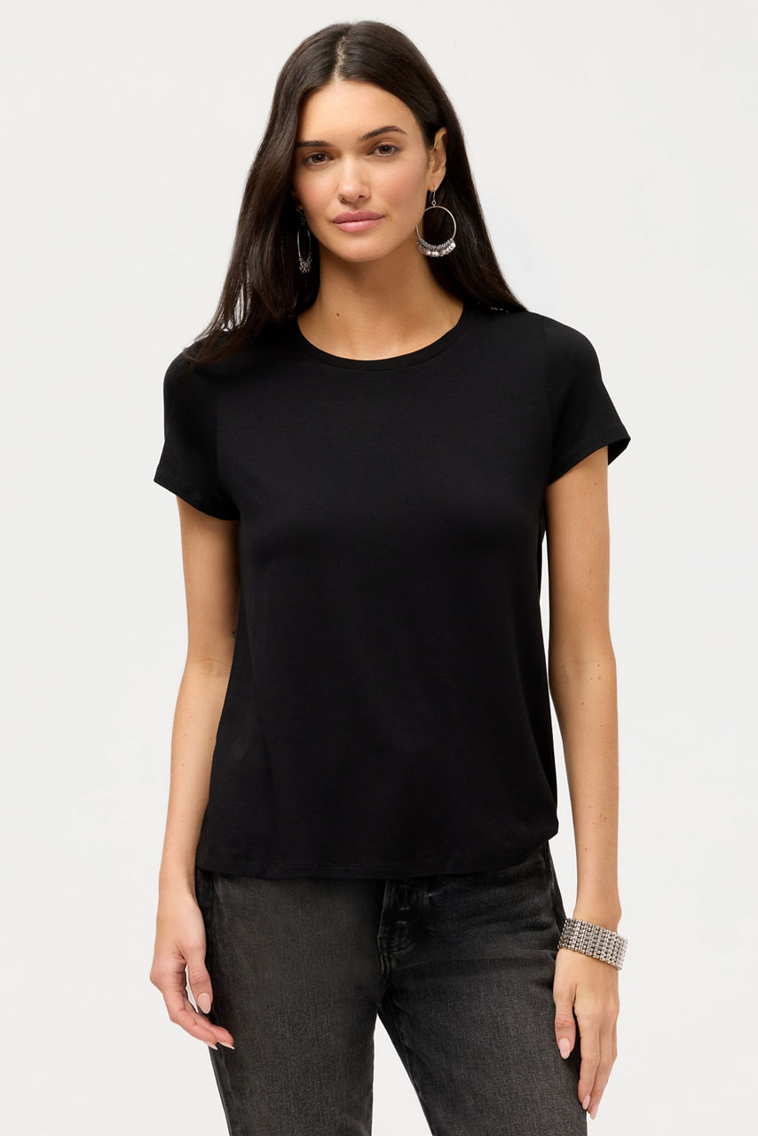 ESSENTIALS SHORT SLEEVE PLEAT BACK CREW NECK, , large image 2