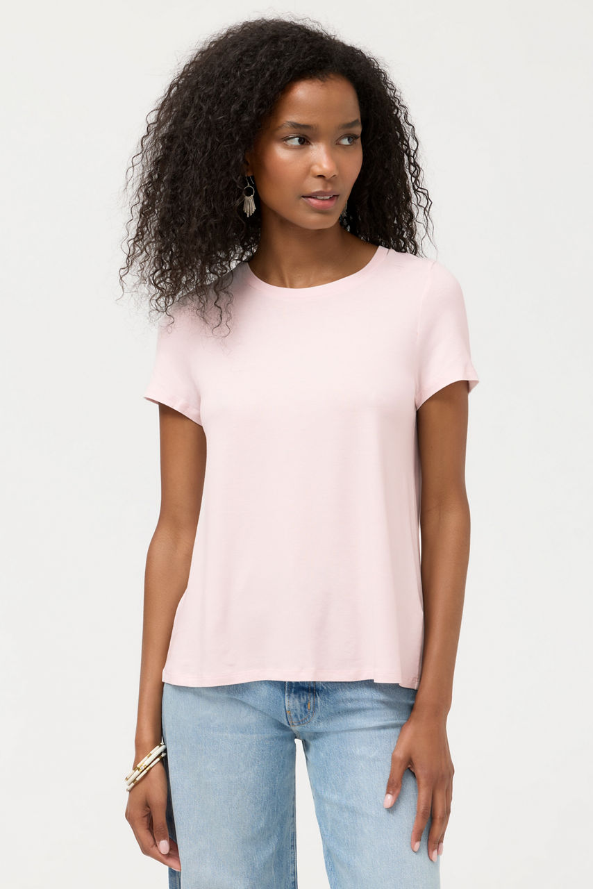 ESSENTIALS SHORT SLEEVE PLEAT BACK CREW NECK, , large image 1