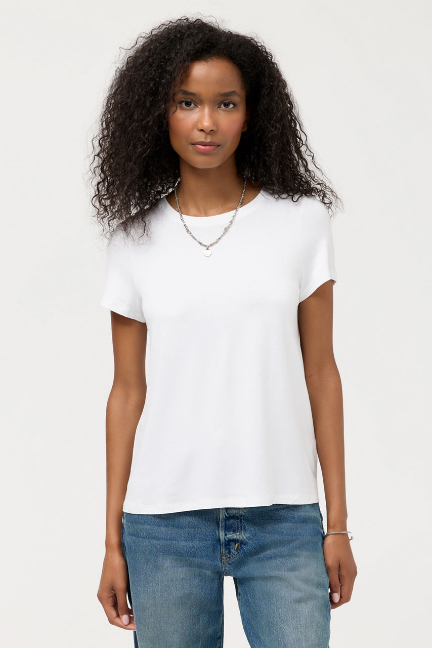 ESSENTIALS SHORT SLEEVE PLEAT BACK CREW NECK, , large image 1