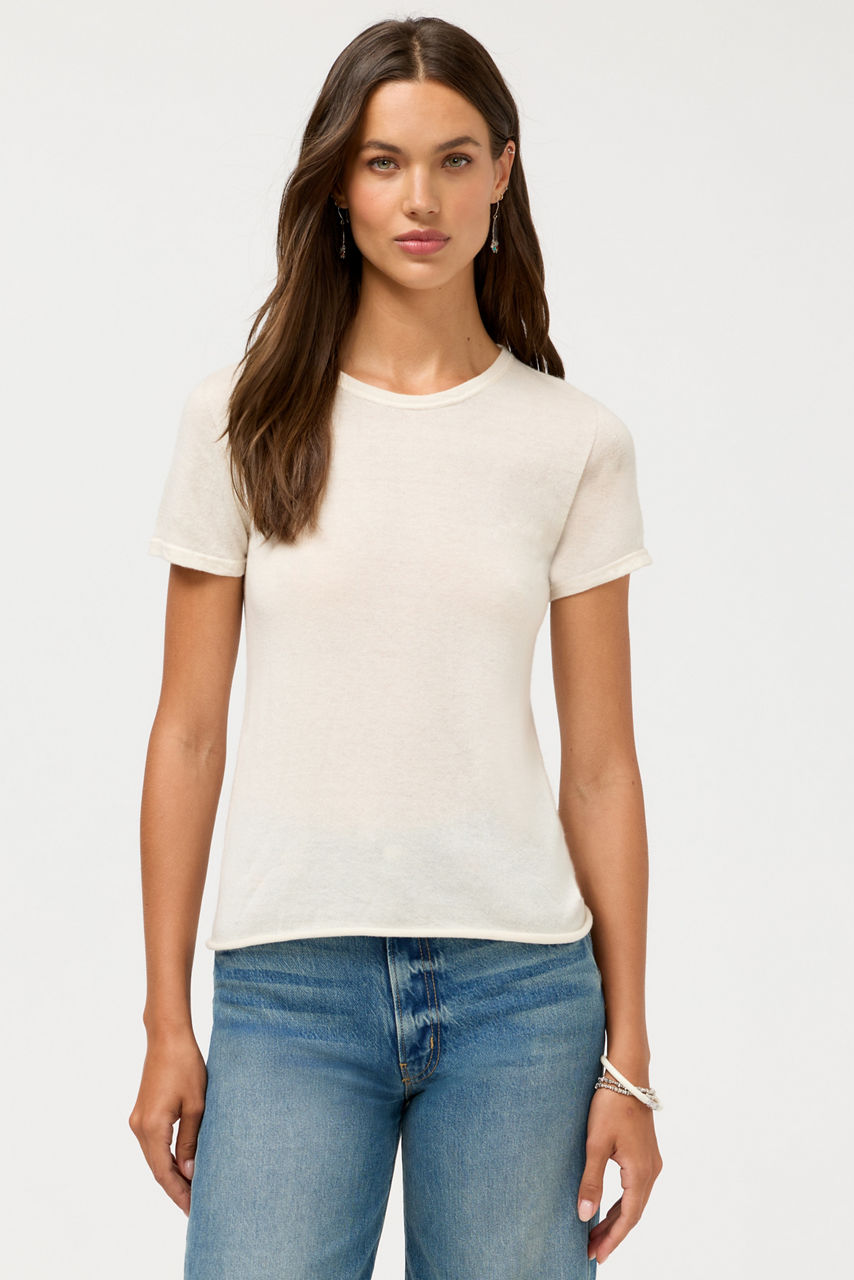 100%  MACHINE WASHABLE CASHMERE SHORT SLEEVE CREWNECK, , large image 1