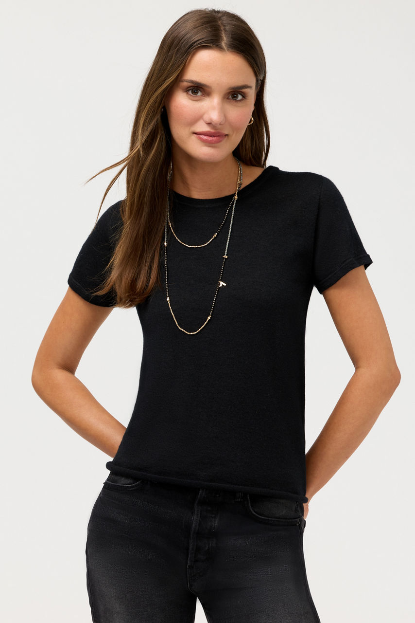 100%  MACHINE WASHABLE CASHMERE SHORT SLEEVE CREWNECK, , large image 1