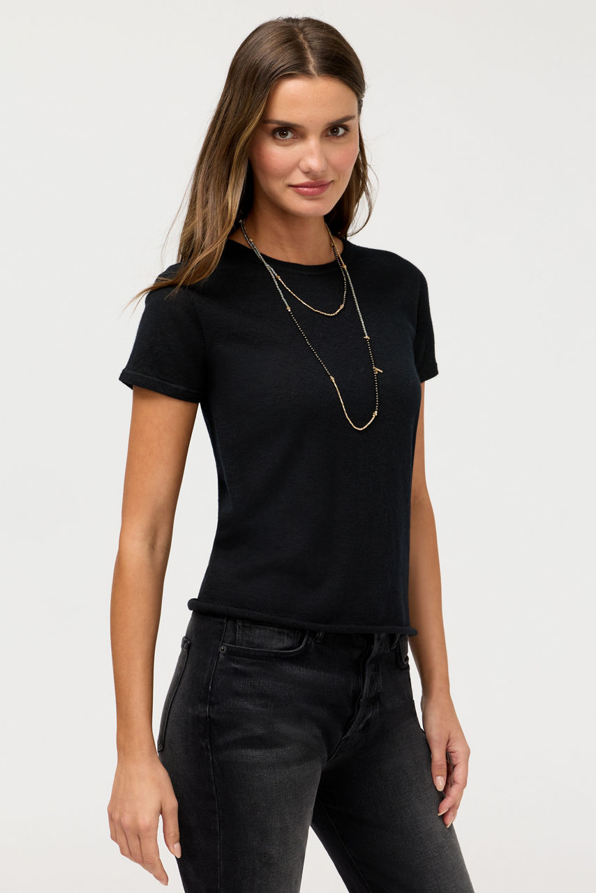 100%  MACHINE WASHABLE CASHMERE SHORT SLEEVE CREWNECK, , large image 2