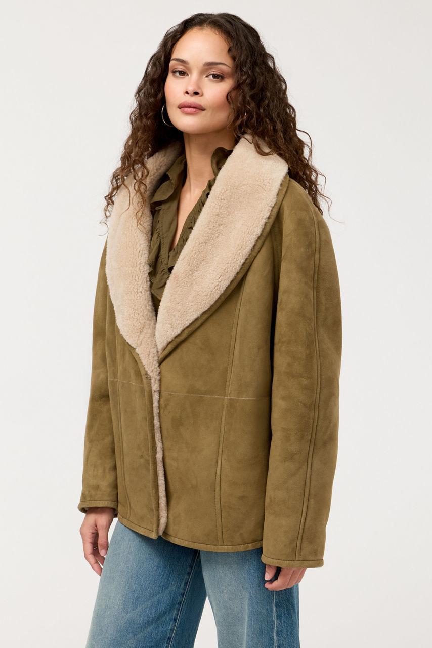 SHAWL COLLAR SHEARLING LINED SUEDE COAT, , large image 1