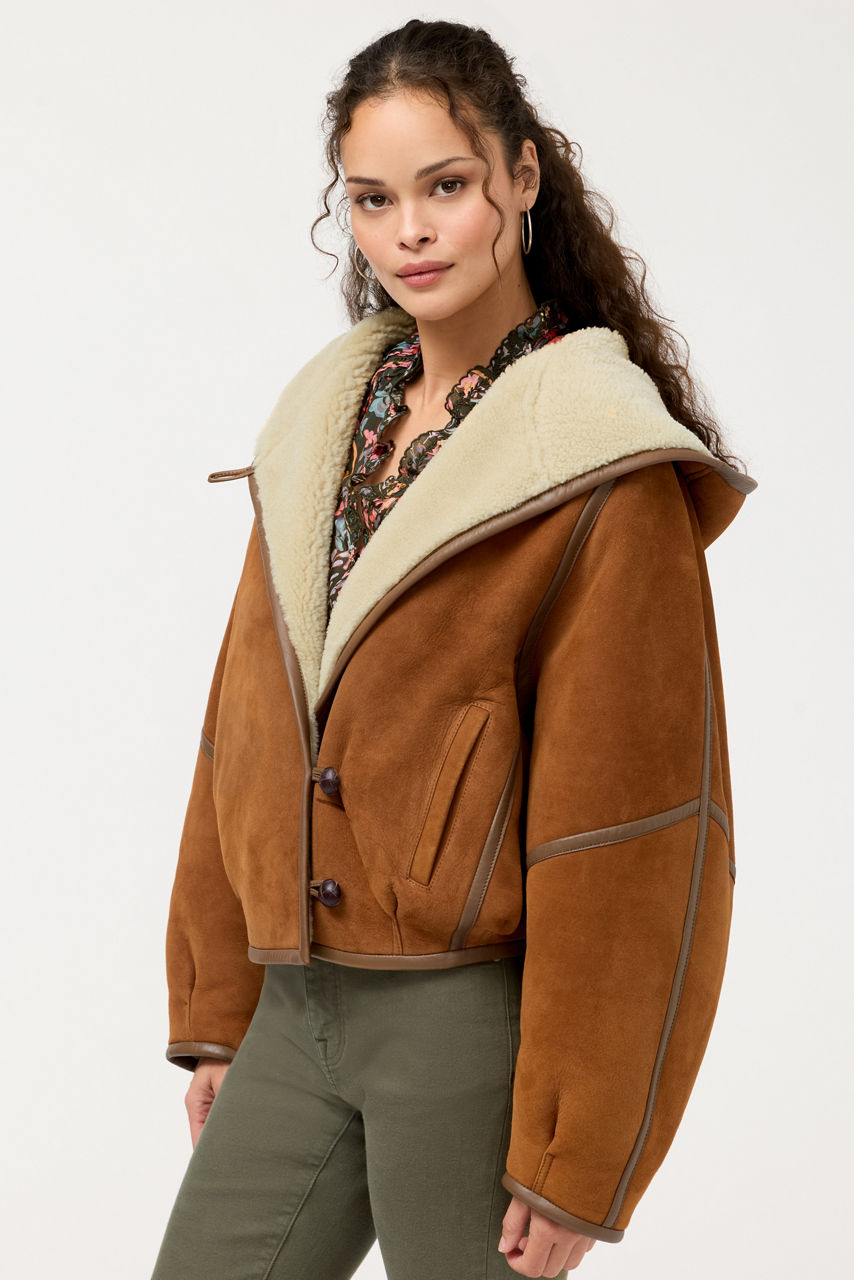 HOODED SHEARLING LINED SUEDE COAT, , large image 1