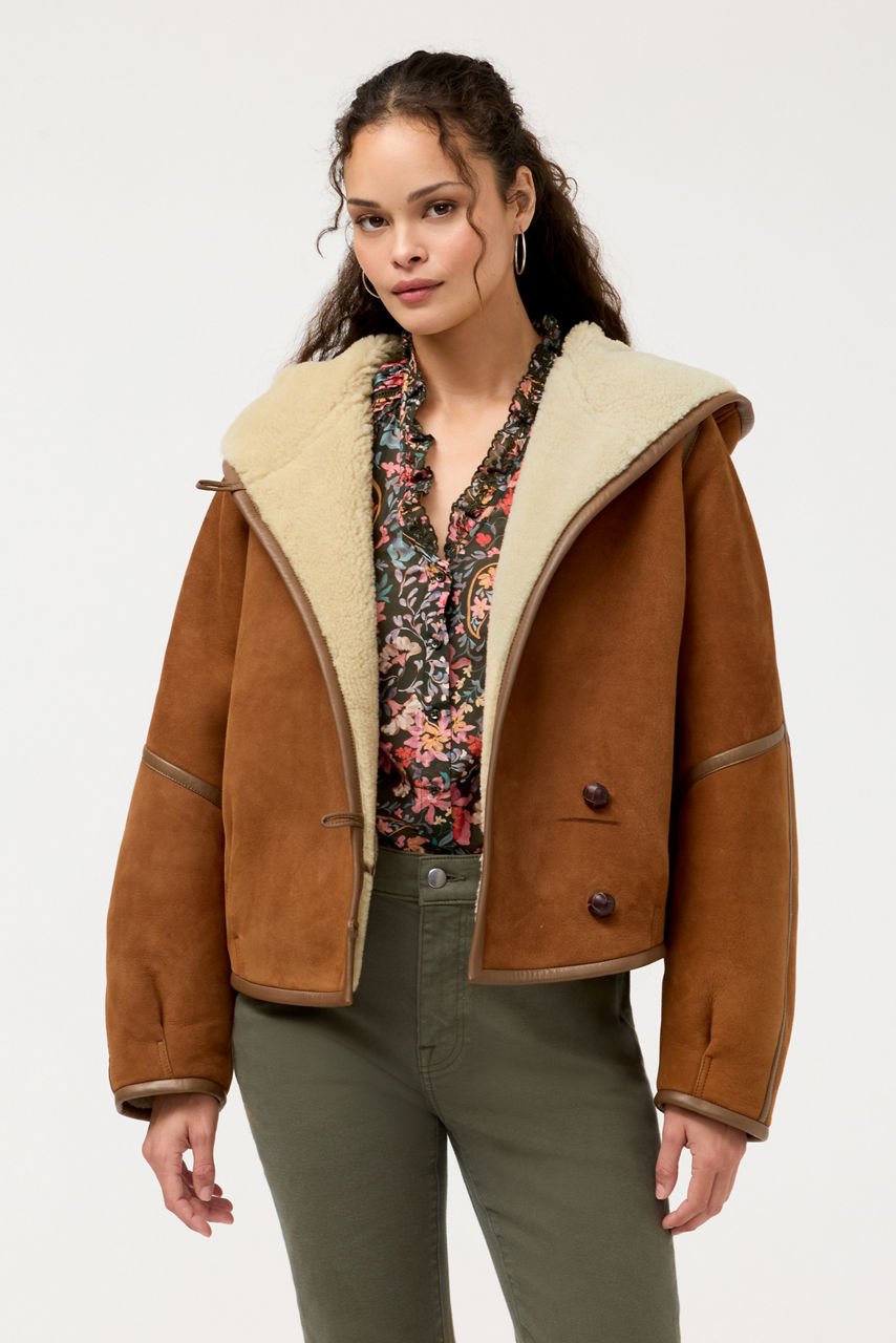 HOODED SHEARLING LINED SUEDE COAT, , large image 2