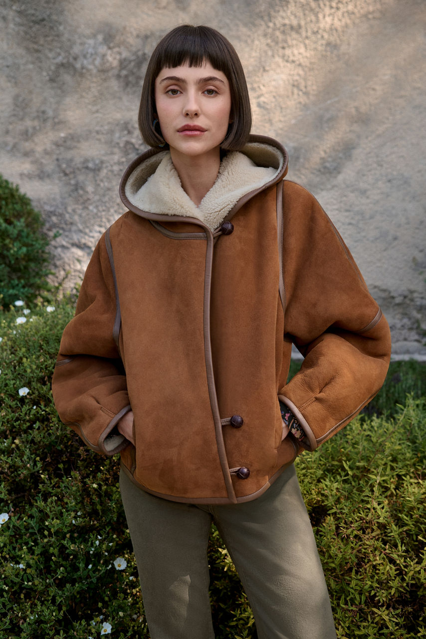 HOODED SHEARLING LINED SUEDE COAT, , large image 4