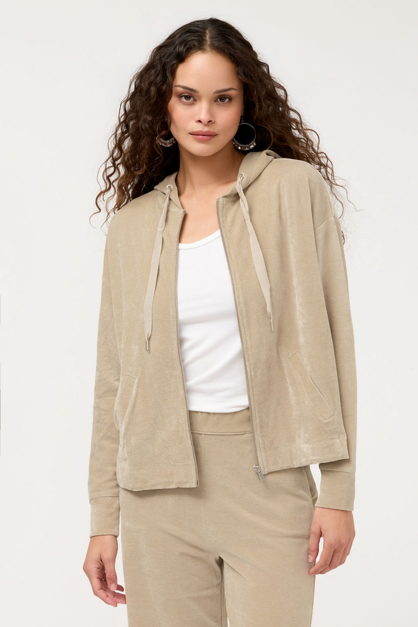 ESSENTIALS VELOUR LONG SLEEVE ZIP FRONT HOODIE, , large image 2