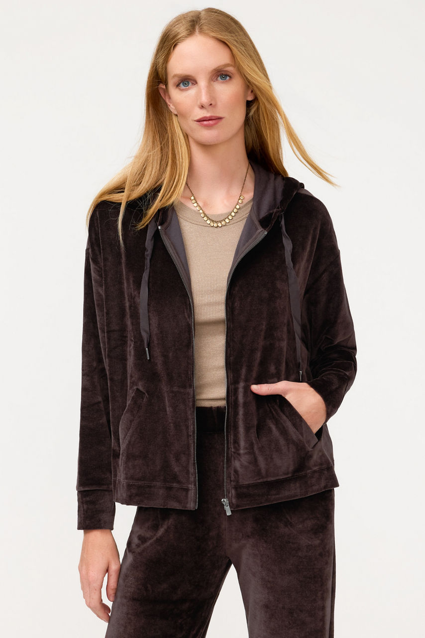 ESSENTIALS VELOUR LONG SLEEVE ZIP FRONT HOODIE, , large image 1