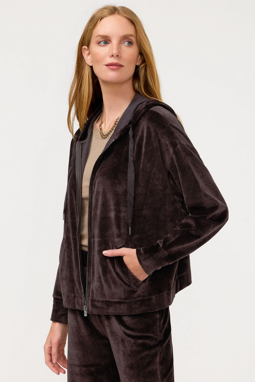 ESSENTIALS VELOUR LONG SLEEVE ZIP FRONT HOODIE, , large image 3