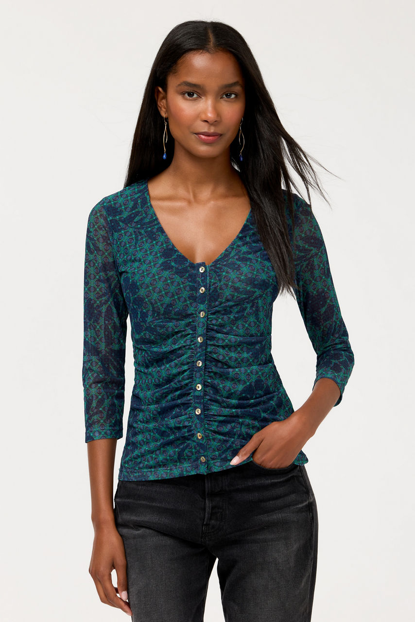 RUCHED BUTTON FRONT MESH TEE, , large image 1