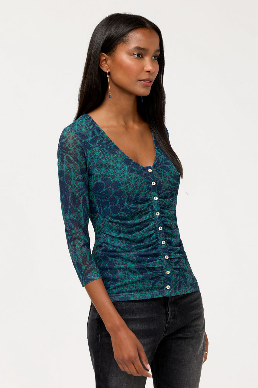 RUCHED BUTTON FRONT MESH TEE, , large image 2